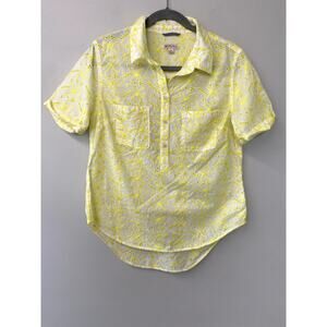 Yellow & White Embroidered Eyelet Half Button-Up Collared Cotton Blouse